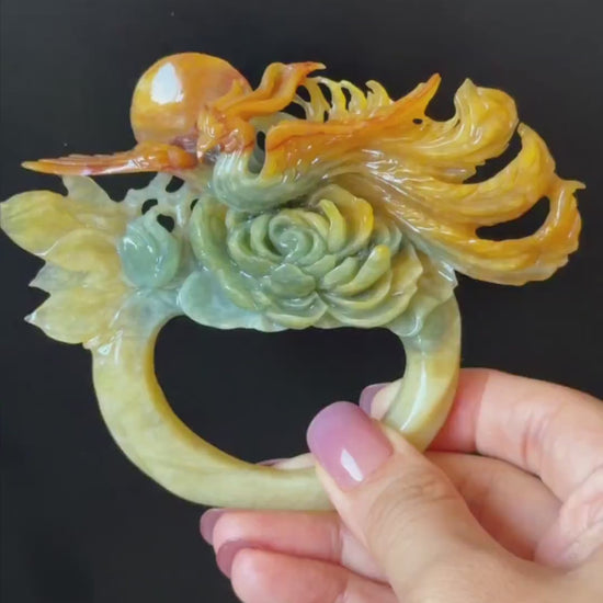 Xiu Jade Phoenix & Peony Hand Carved Hair Crown: Certified Natural Serpentine Multicolor Orange Yellow Green Jade Handcrafted Hair Stick