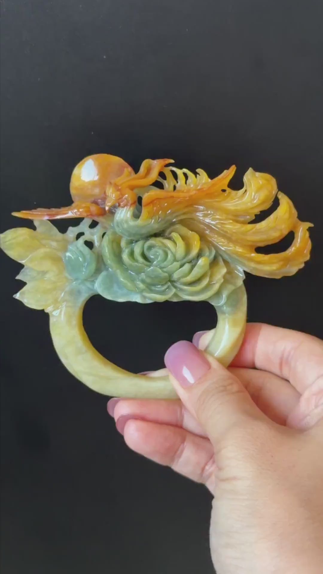 Xiu Jade Phoenix & Peony Hand Carved Hair Crown: Certified Natural Serpentine Multicolor Orange Yellow Green Jade Handcrafted Hair Stick