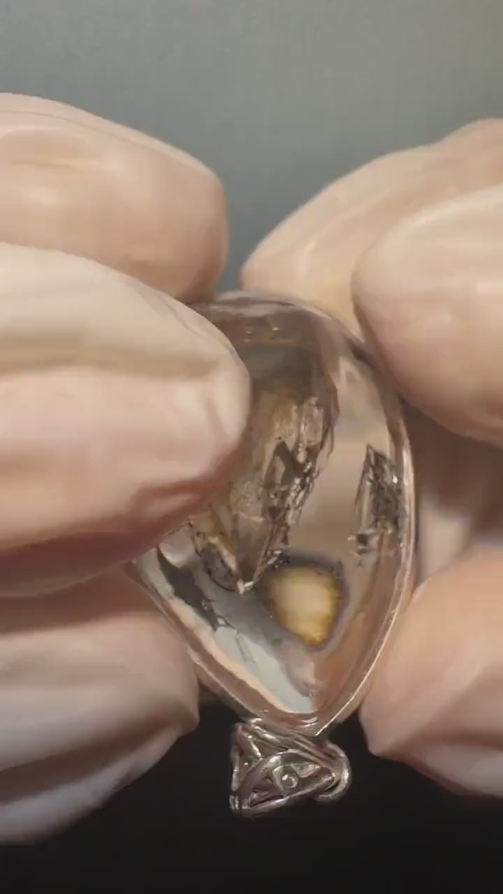 Ultra Rare! Polished Enhydro Quartz Wrapped Wire Pendant Adjustable Necklace: Moving Black & Yellow Sand with Big Bubble Inclusion Crystal