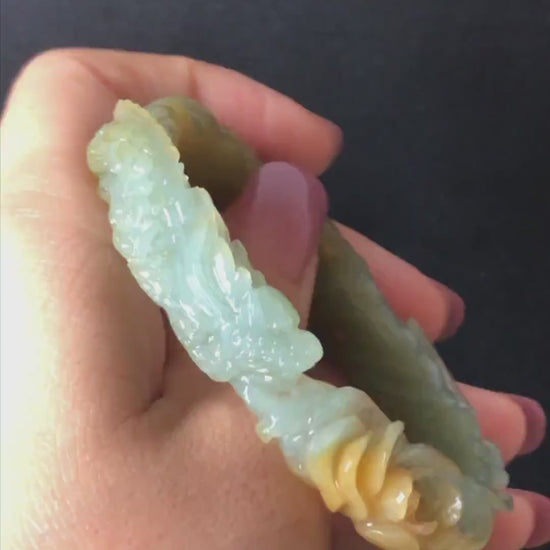 Custom Size 50-65mm! Xiu Jade Dragon & Phoenix Hand Carved Bangle: Certified Natural Serpentine Yellow Green Jade handcrafted Bracelet Gift