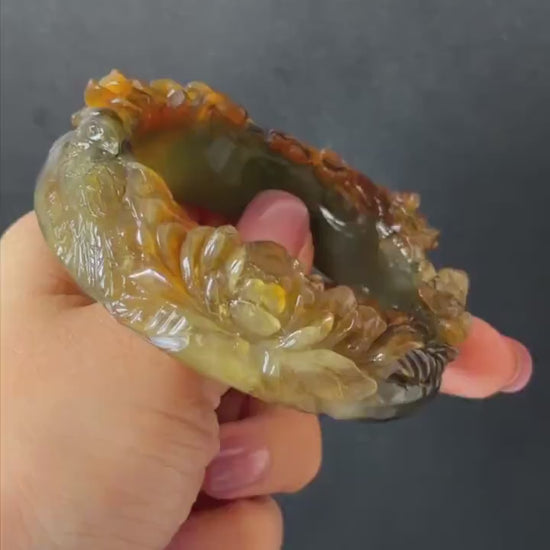 54.2mm Xiu Jade Serpentine Hand Carved Golden Pheasant & Peony Flowers Bangle: Brown Yellow Green Multi Colour Jade Handcrafted Bracelet