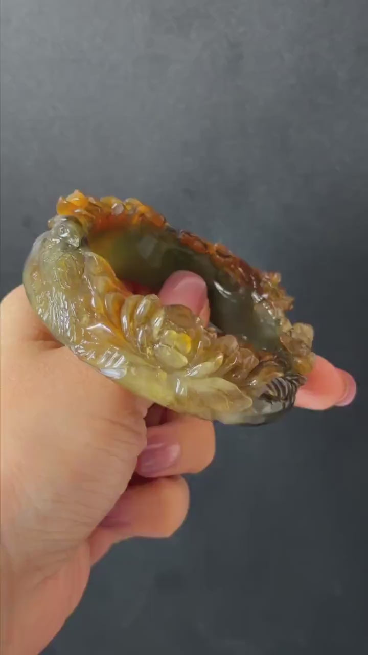 54.2mm Xiu Jade Serpentine Hand Carved Golden Pheasant & Peony Flowers Bangle: Brown Yellow Green Multi Colour Jade Handcrafted Bracelet