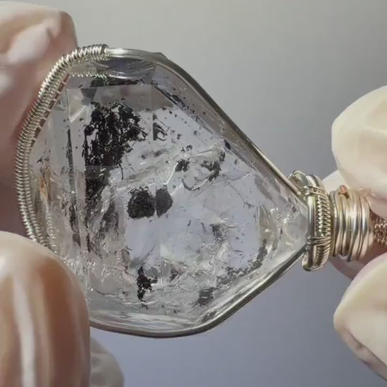 Rare Polished Enhydro Quartz (Herkimer Diamond) Wrapped Wire Pendant Adjustable Necklace: Sand Waterfall! Moving Sand & Black Bubble