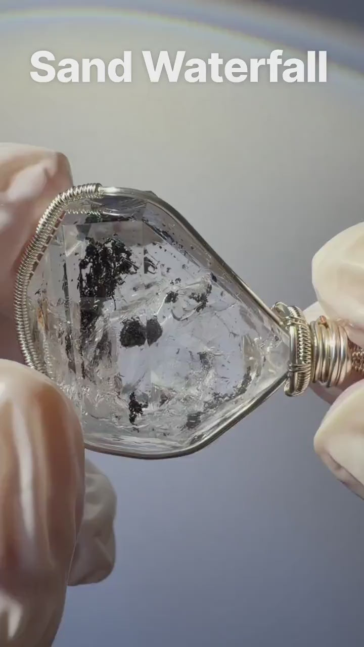 Rare Polished Enhydro Quartz (Herkimer Diamond) Wrapped Wire Pendant Adjustable Necklace: Sand Waterfall! Moving Sand & Black Bubble