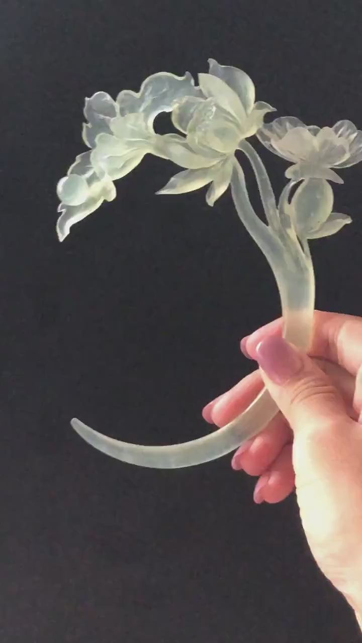 Xiu Jade Serpentine Hand Carved Lotus & Butterfly Hair Pin | Certified Ice Green Crescent Moon Jade Hair Stick | Chinese Hanfu Hair Fork