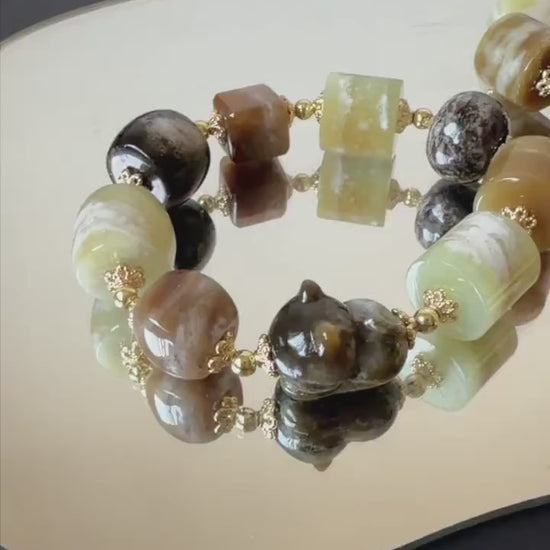 Nephrite Jade Hand Carved Cat Kitten Charm Bracelet | Milk Tea & Cookies Collection | Natural White Brown Jade Elastic Big Bead Bracelet