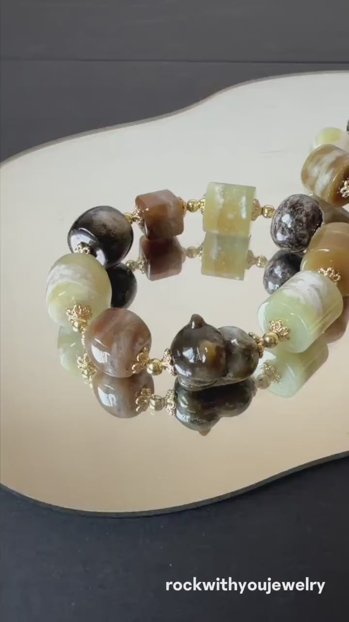Nephrite Jade Hand Carved Cat Kitten Charm Bracelet | Milk Tea & Cookies Collection | Natural White Brown Jade Elastic Big Bead Bracelet