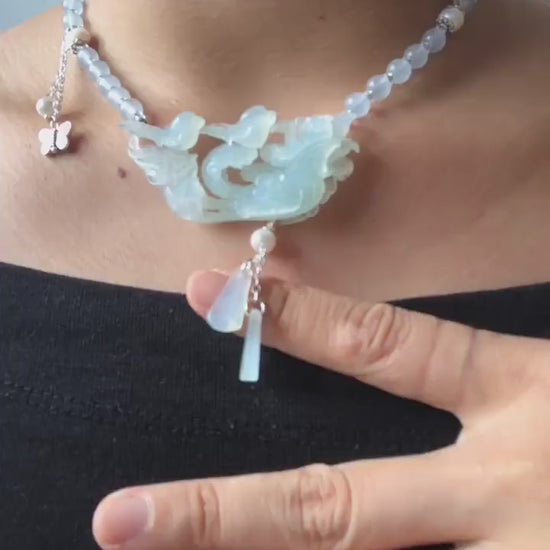 Certificate Natural Xiu Jade (Serpentine) Hand Carved Magpie Birds with Phoenix Pendant Adjustable Necklace Choker | Icy Milky Blue | Stone