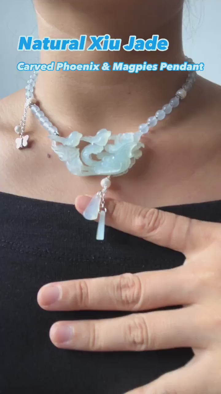 Certificate Natural Xiu Jade (Serpentine) Hand Carved Magpie Birds with Phoenix Pendant Adjustable Necklace Choker | Icy Milky Blue | Stone