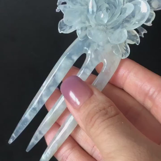 Certified Natural Xiu Jade Serpentine Hand Carved Peony Flower Hair Fork | Frosty Sky Blue Jade Hair Stick