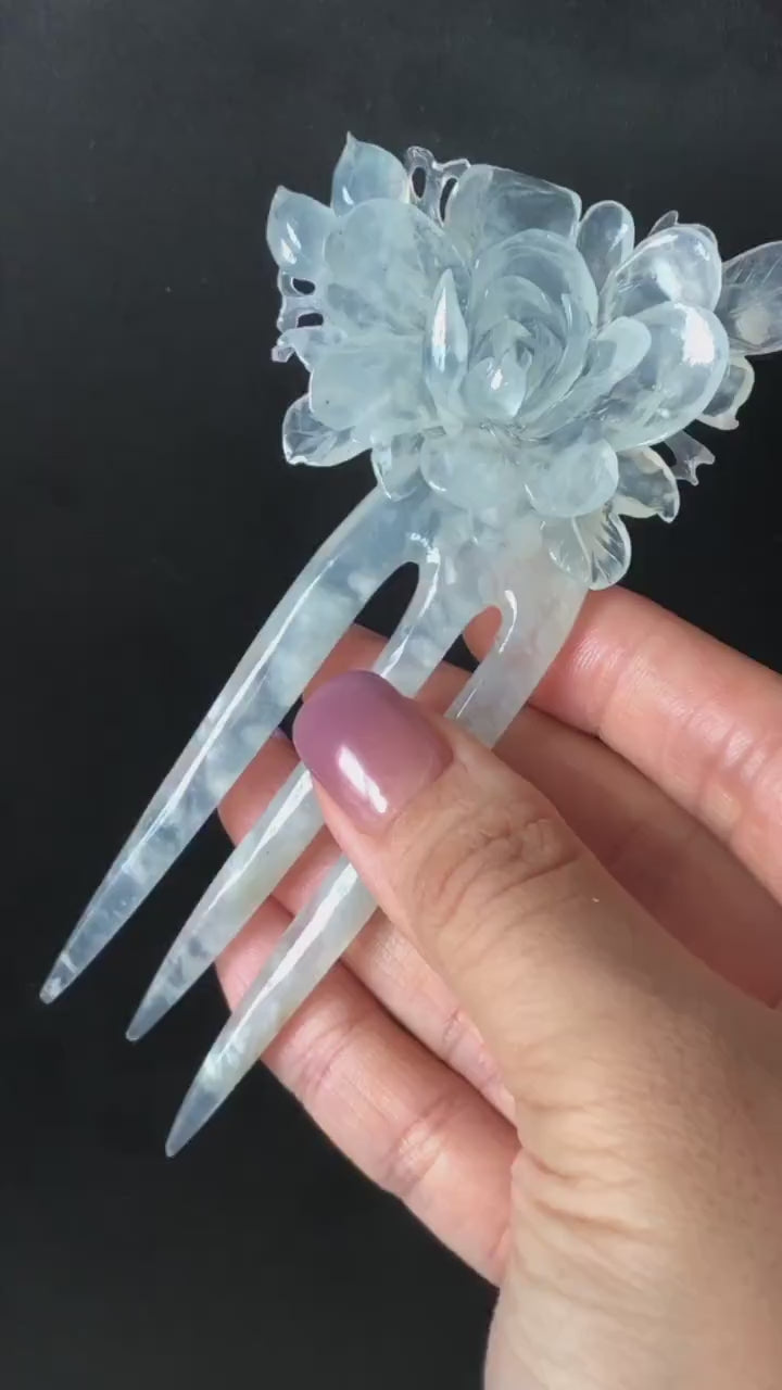 Certified Natural Xiu Jade Serpentine Hand Carved Peony Flower Hair Fork | Frosty Sky Blue Jade Hair Stick