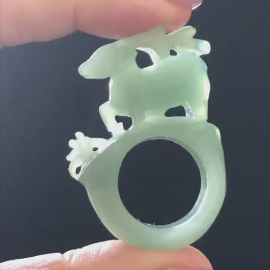 Custom Size! Xiu Jade Serpentine Hand Carved Deer Ring: Natural Serpentine Untreated Green Jade 3D Stone Carving Handcrafted Jewelry Gift