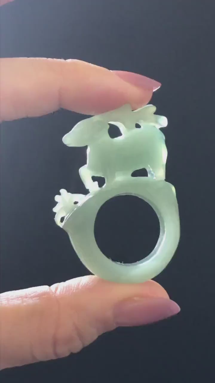 Custom Size! Xiu Jade Serpentine Hand Carved Deer Ring: Natural Serpentine Untreated Green Jade 3D Stone Carving Handcrafted Jewelry Gift