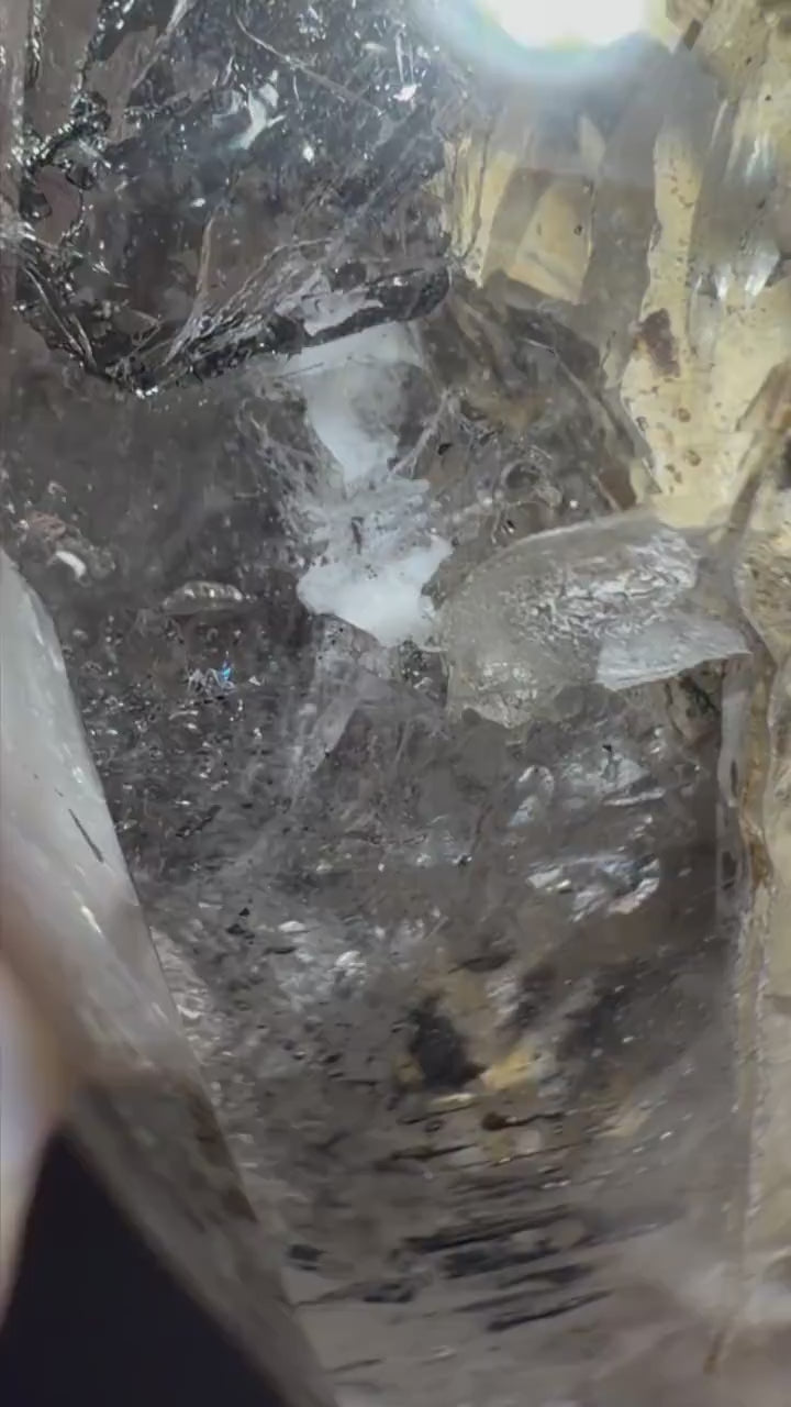 Polished Enhydro Skeleton Quartz (Herkimer Diamond) Pendant Necklace: Moving White Sand, Black Sand, Black Mica, Bubble Inclusion Crystal