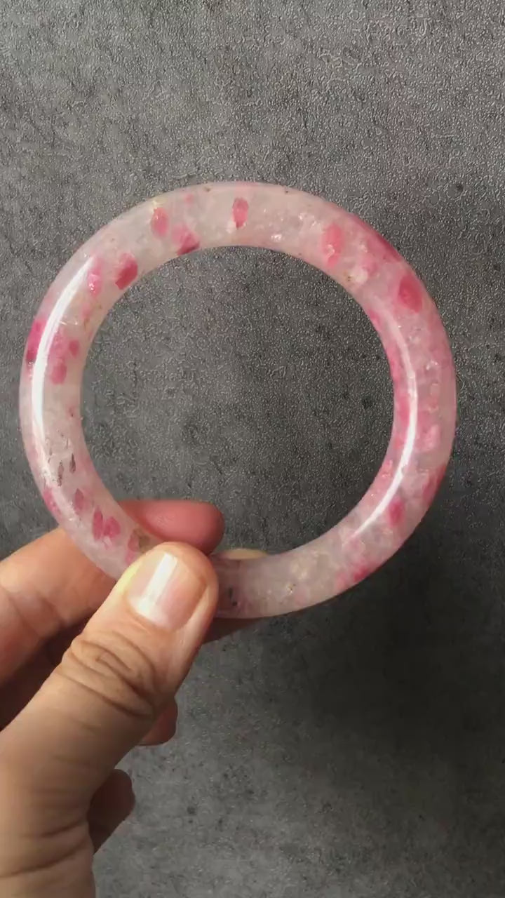 56.5mm  Natural Icy Rhodonite Bangle |  Milky Pink Sakura Rain Plum Cherry Blossom | Raw Stone Bracelet Crystal Bangle | Healing Stone Gift