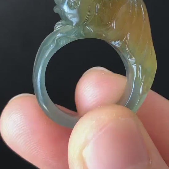 Natural Xiu Jade Serpentine Hand Carved Goldfish Ring | 16.2mm (US 5.5-6) | Icy Greenish Blue and Orange | Crystal Stone Gemstone Ring