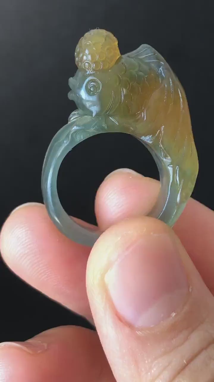 Natural Xiu Jade Serpentine Hand Carved Goldfish Ring | 16.2mm (US 5.5-6) | Icy Greenish Blue and Orange | Crystal Stone Gemstone Ring