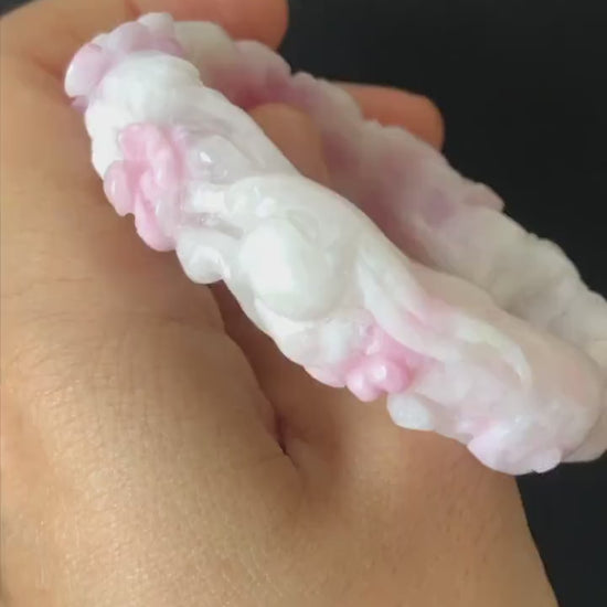 54.1mm Natural SheTaiCui Jade (Quartzite) Hand Carved Rabbit Bunny Flowers Bangle | Pink Purple White | Crystal Bracelet Gemstone Jewellery