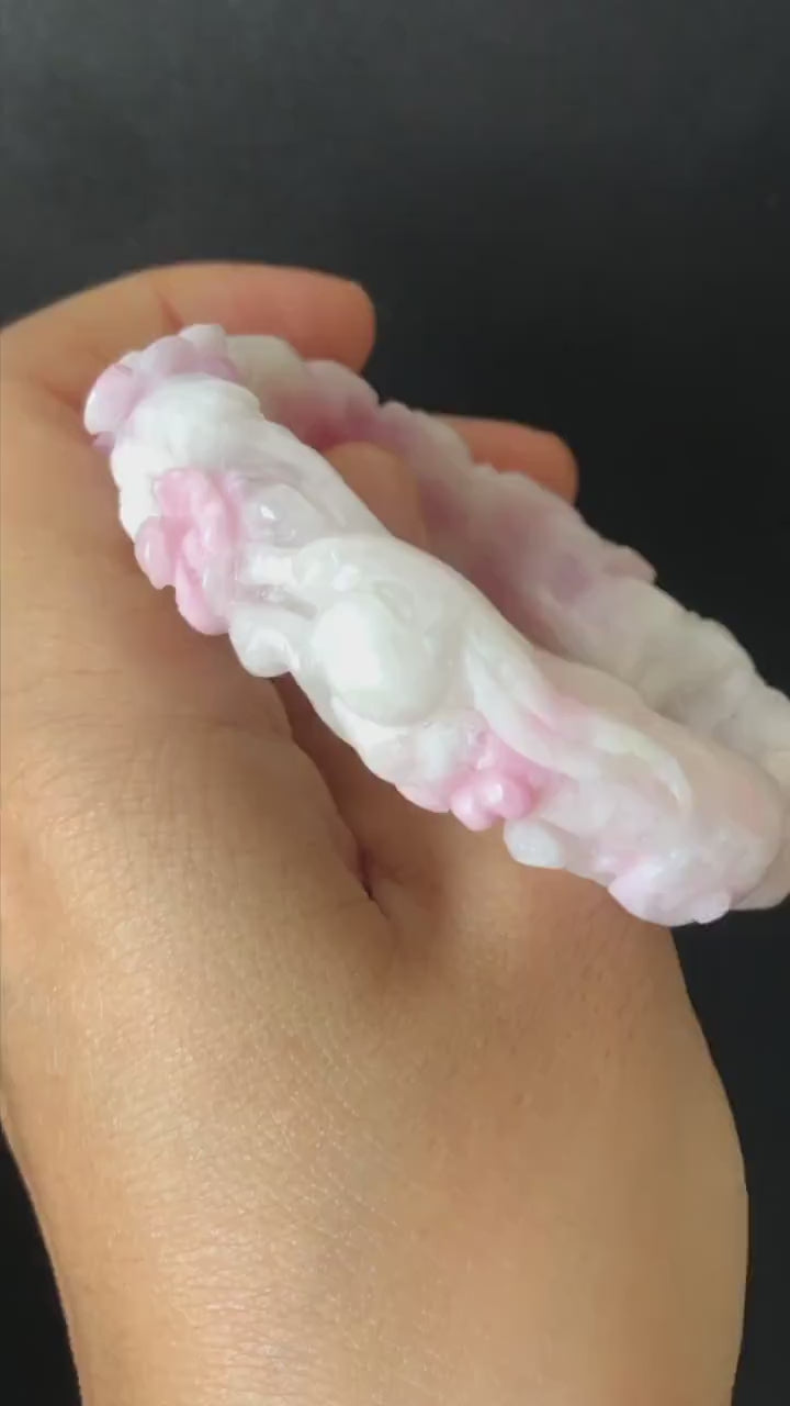 54.1mm Natural SheTaiCui Jade (Quartzite) Hand Carved Rabbit Bunny Flowers Bangle | Pink Purple White | Crystal Bracelet Gemstone Jewellery