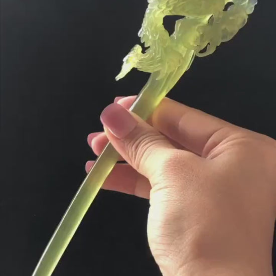 Certified Xiu Jade Serpentine Hand Carved Soaring Dragon Green Jade Hair Pin