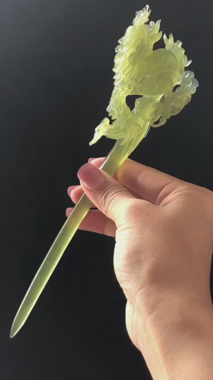 Certified Xiu Jade Serpentine Hand Carved Soaring Dragon Green Jade Hair Pin