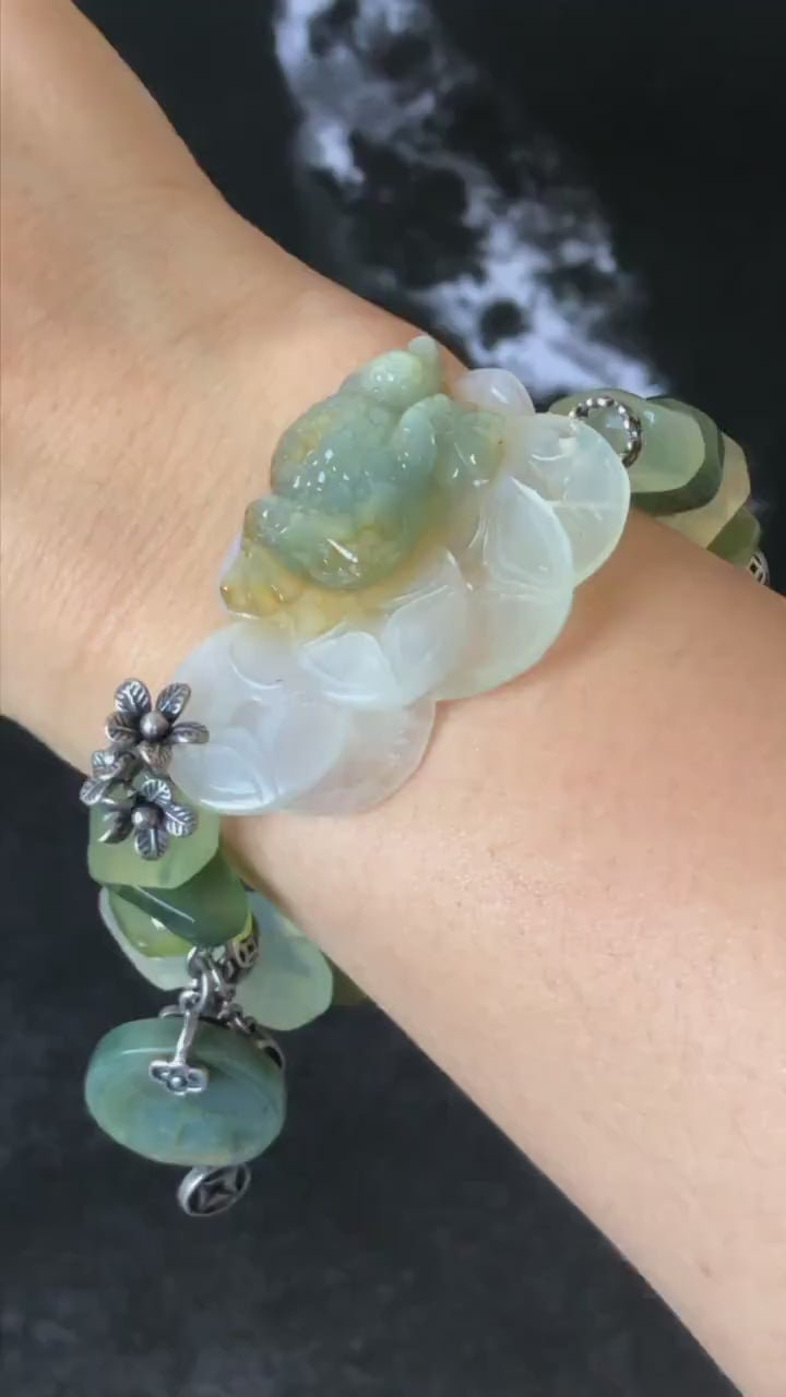 Xiu Jade Serpentine Hand Carved Toad & Coins Irregular Bead Bracelet: Natural Green and White Jade with Vintage Tibetan Silver Accessory
