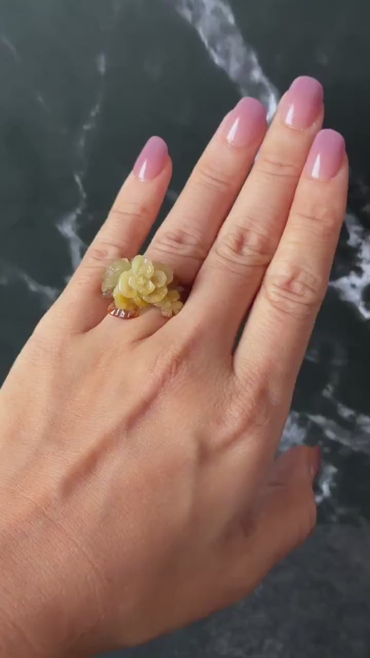 Xiu Jade (Serpentine) Hand Carved Blooming Flowers Statement Ring 15.3mm (US 4.25): Natural Bi-colour Brown Yellow Jade Pinky Ring