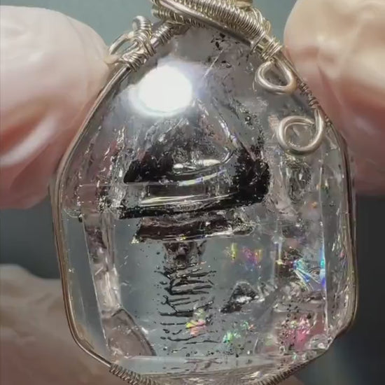 Polished Enhydro Quartz (Herkimer Diamond) Pendant Adjustable Necklace: Rainbow Shifting Big Bubble and Moving Sand Waterfall Inclusion