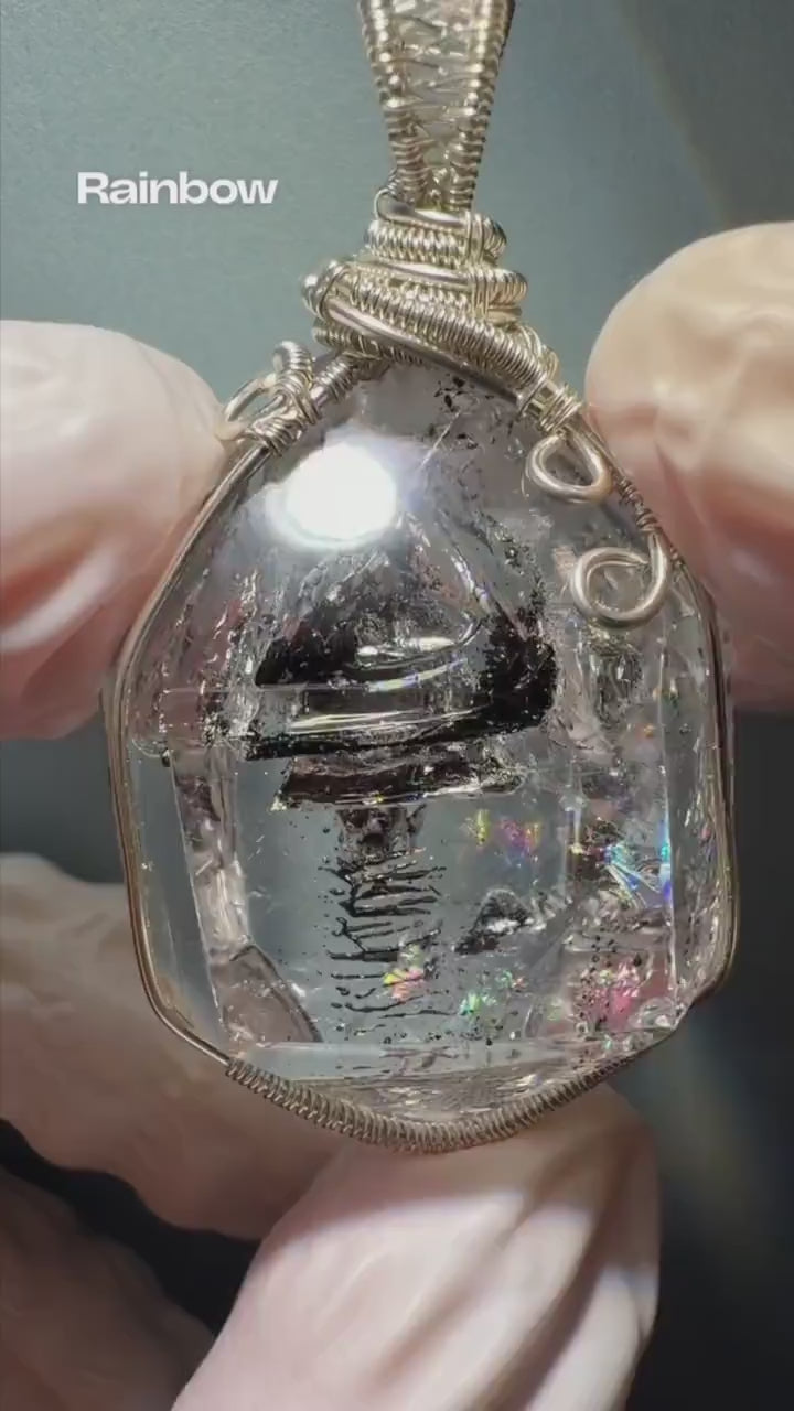 Polished Enhydro Quartz (Herkimer Diamond) Pendant Adjustable Necklace: Rainbow Shifting Big Bubble and Moving Sand Waterfall Inclusion