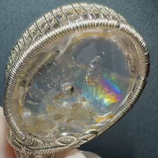 Rare Polished Enhydro Golden Healer Quartz Pendant: Rainbow! Moving White Sand & Bubble, Yellow Hematoid Inclusion, Manifestations Quartz