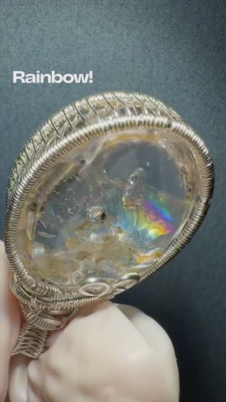 Rare Polished Enhydro Golden Healer Quartz Pendant: Rainbow! Moving White Sand & Bubble, Yellow Hematoid Inclusion, Manifestations Quartz