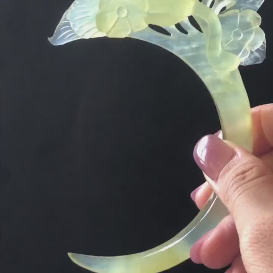 Certified Xiu Jade Serpentine Hand Carved Cat Kitten & Flower Green Jade Hair Pin