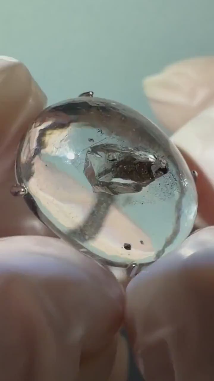Enhydro Quartz (Herkimer Diamond) S925 Silver Adjustable Ring: Flowing Shimmering Fine Black Sand Waterfall Inclusion Manifestation Quartz