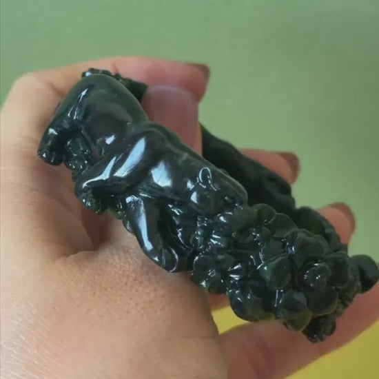 Custom Size 50-62mm! Xiu Jade Black Panther & Flower Hand Carved Bangle: Certified Natural Serpentine Deep Green Jade Handcrafted Bracelet