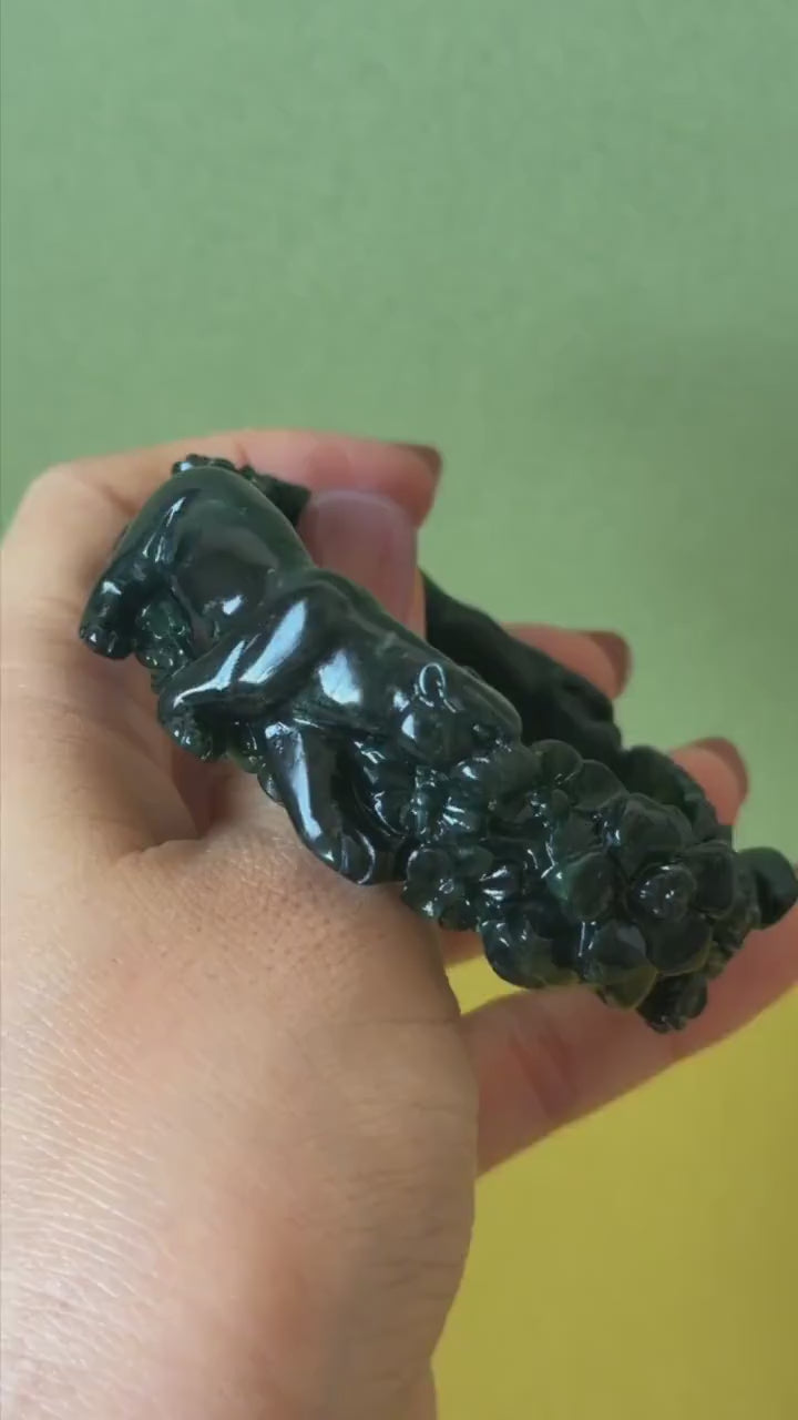 Custom Size 50-62mm! Xiu Jade Black Panther & Flower Hand Carved Bangle: Certified Natural Serpentine Deep Green Jade Handcrafted Bracelet
