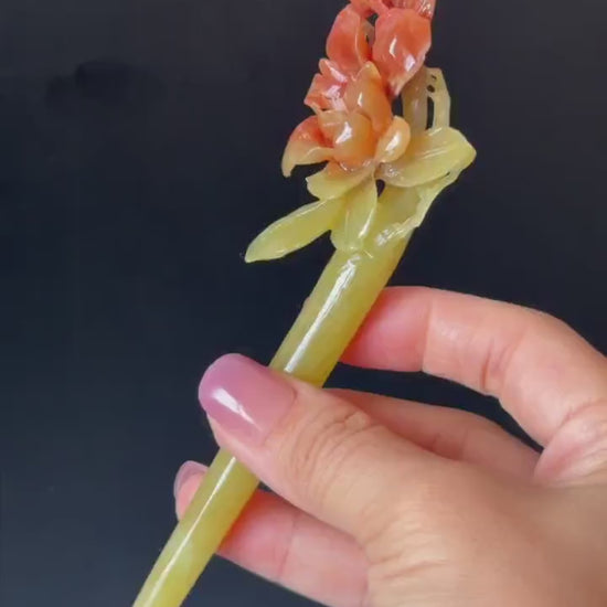 Xiu Jade Serpentine Hand Carved Camellia Flower Hair Stick: Certified Natural Red Jade Hairpin, Vintage Hanfu Hair Jewelry 3D Carving