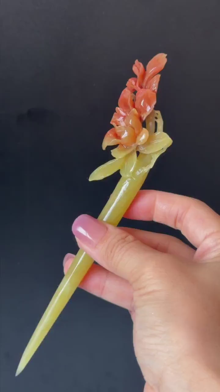 Xiu Jade Serpentine Hand Carved Camellia Flower Hair Stick: Certified Natural Red Jade Hairpin, Vintage Hanfu Hair Jewelry 3D Carving