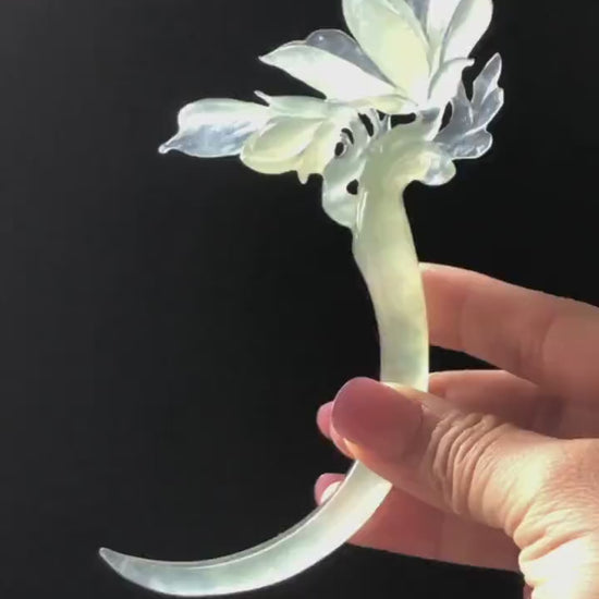 Certified Natural Xiu Jade Serpentine Hand Carved Yulan Flower Hair Pin | Ice Green Jade Handcrafted Crescent Moon Hair Stick Stone Carving