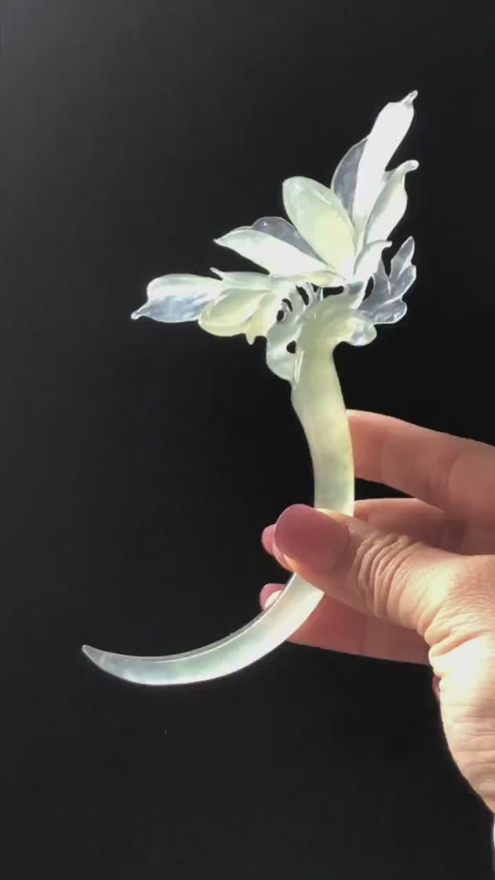 Certified Natural Xiu Jade Serpentine Hand Carved Yulan Flower Hair Pin | Ice Green Jade Handcrafted Crescent Moon Hair Stick Stone Carving