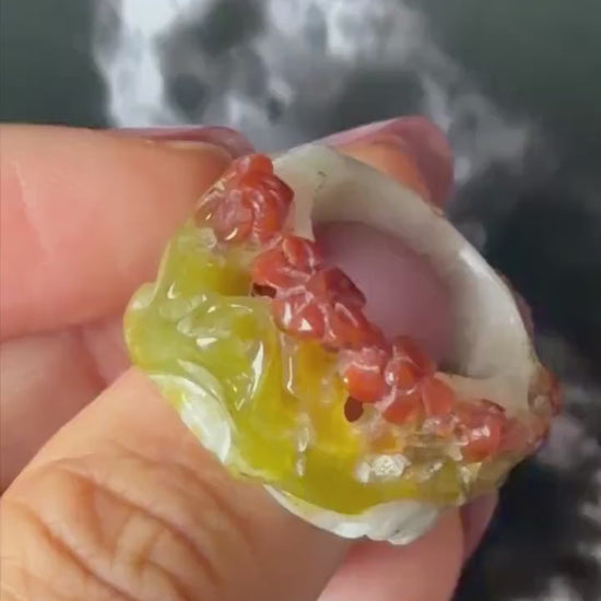 Xiu Jade Serpentine Hand Carved Plum Blossom Flowers in Snow Statement Ring 16.3mm (US 5.5) : Tri-colour Red White Green Jade Pinky Ring