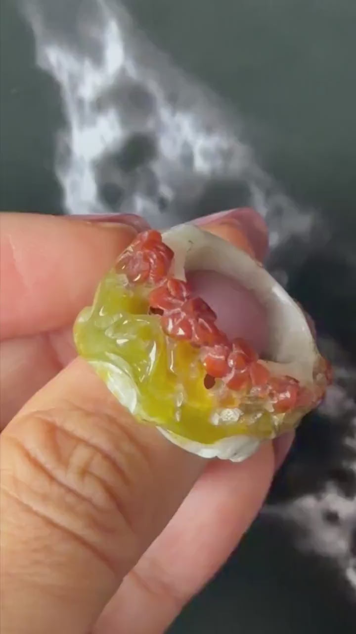 Xiu Jade Serpentine Hand Carved Plum Blossom Flowers in Snow Statement Ring 16.3mm (US 5.5) : Tri-colour Red White Green Jade Pinky Ring