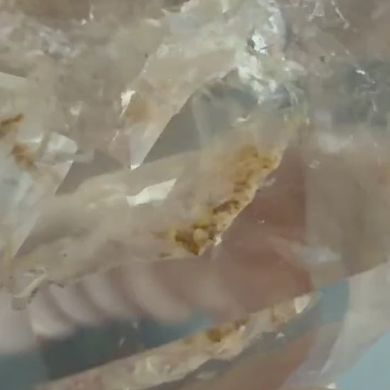 Ultra Rare! Enhydro Quartz Palm Stone: UV-reactive Yellow White Sand Waterfall Big Moving Bubbles Inclusion Golden Healer Polished Crystal