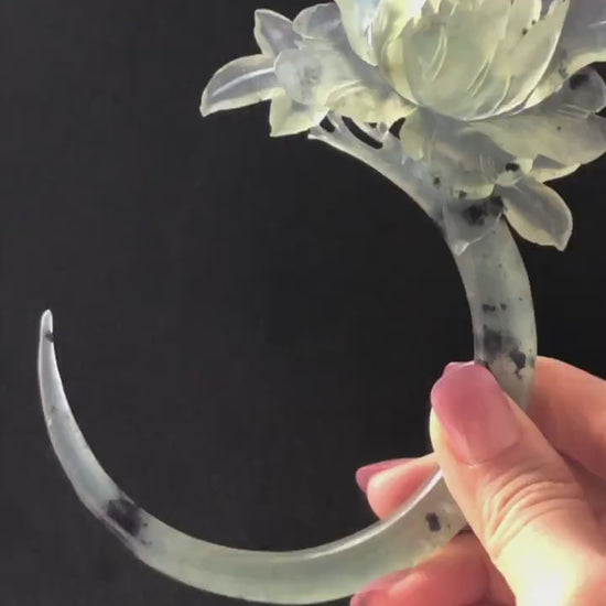 Xiu Jade Serpentine Hand Carved Peony Flower Hair Pin: Certified Natural Ice Green Jade Crescent Moon Hair Stick