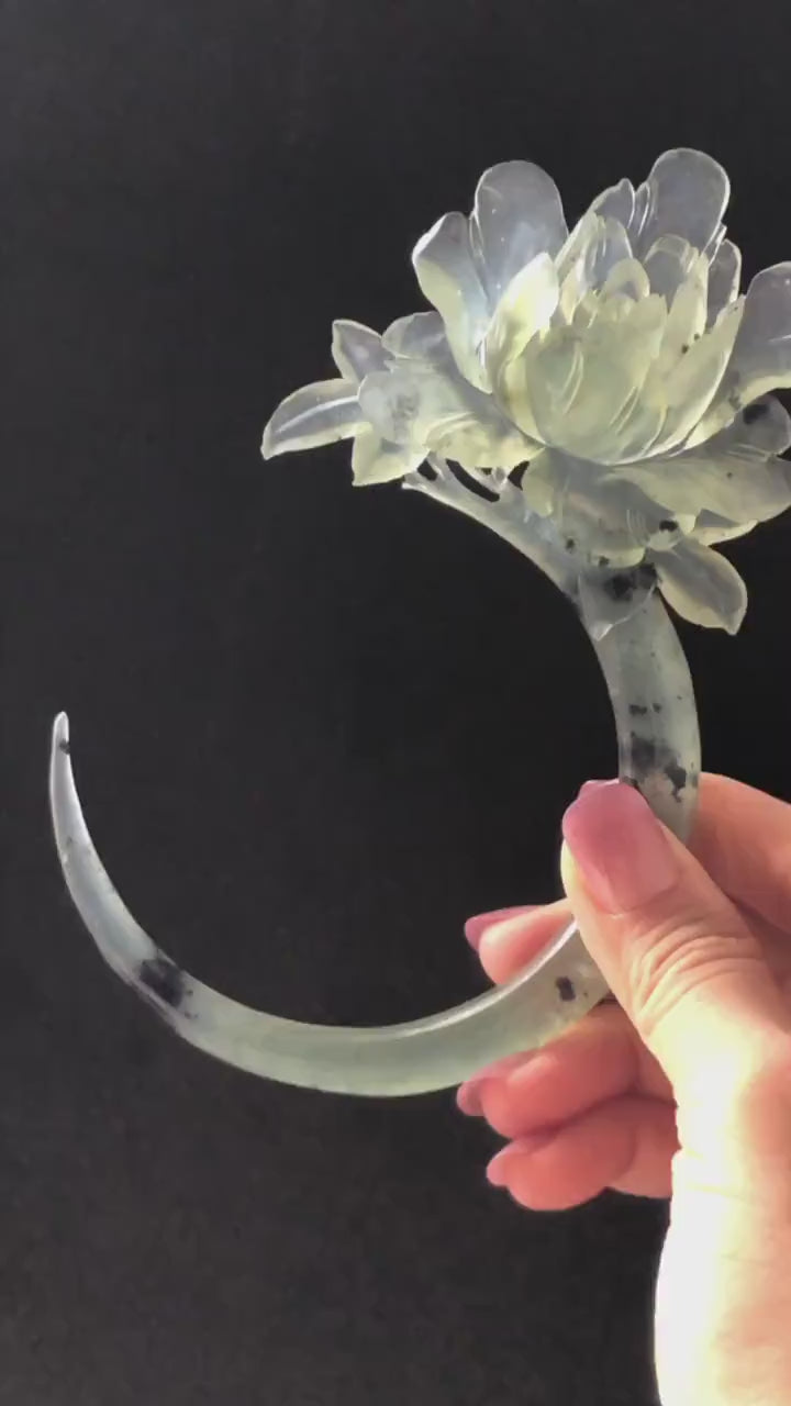 Xiu Jade Serpentine Hand Carved Peony Flower Hair Pin: Certified Natural Ice Green Jade Crescent Moon Hair Stick