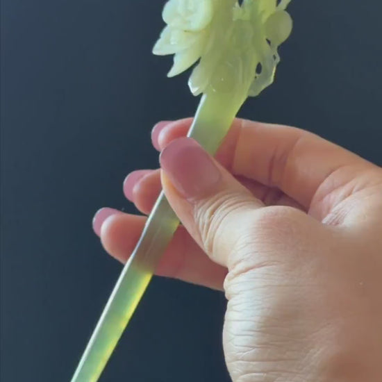 Xiu Jade Serpentine Hand Carved Camellia Flower Hair Pin with Certificate