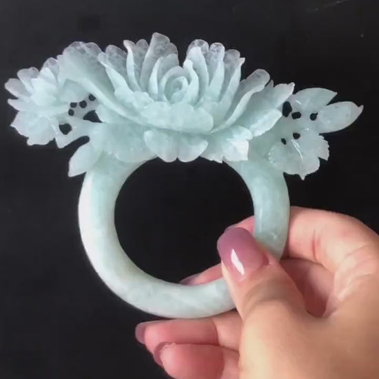 Certified Xiu Jade Serpentine Hand Carved Peony Hair Pin