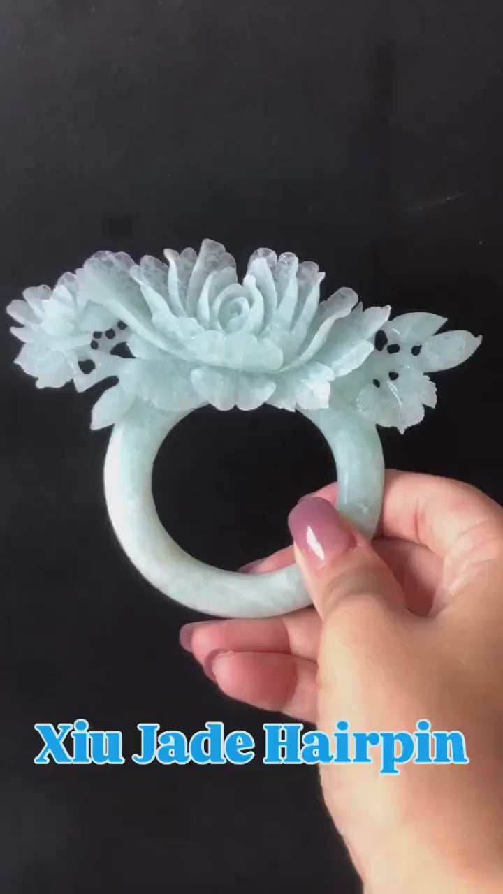 Certified Xiu Jade Serpentine Hand Carved Peony Hair Pin
