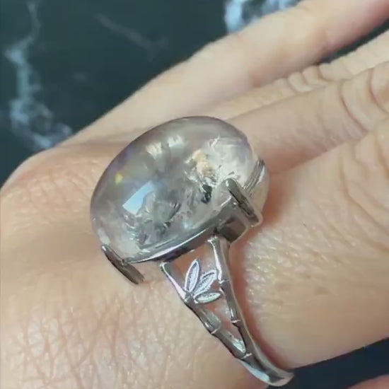 Polished Smoky Enhydro Quartz (Herkimer Diamond) S925 Silver Adjustable Ring: Mild Rainbow Moving Sand, Black Bubble, yellow clay Inclusion