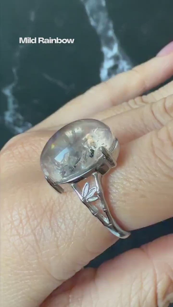 Polished Smoky Enhydro Quartz (Herkimer Diamond) S925 Silver Adjustable Ring: Mild Rainbow Moving Sand, Black Bubble, yellow clay Inclusion