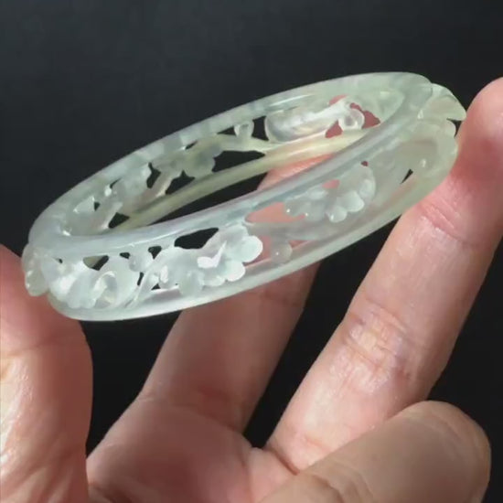 Custom Size 50-65mm! Xiu Jade Sea Wave Hand Carved Bangle: Certified Natural Serpentine White Jade handcrafted Bracelet hollow out carving